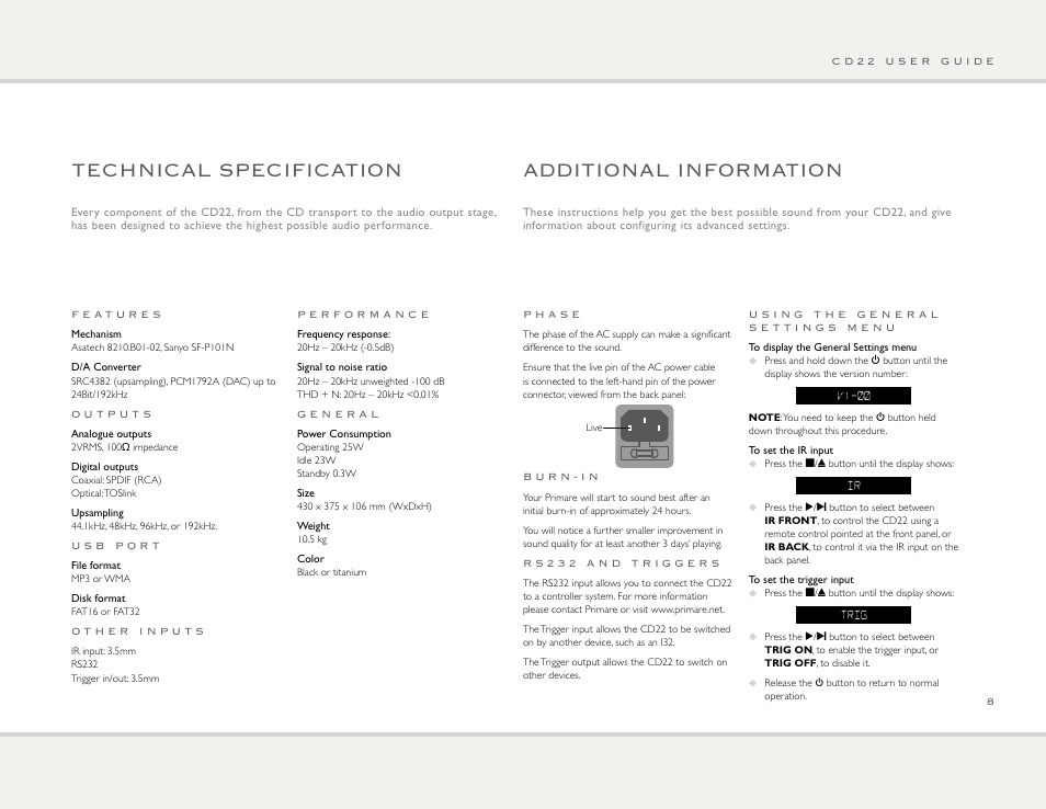 Technical specification, Additional information | Primare CD22 CD player User Manual | Page 8 / 10