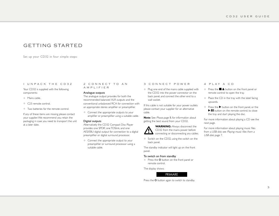 Getting started | Primare CD32 CD player User Manual | Page 3 / 10