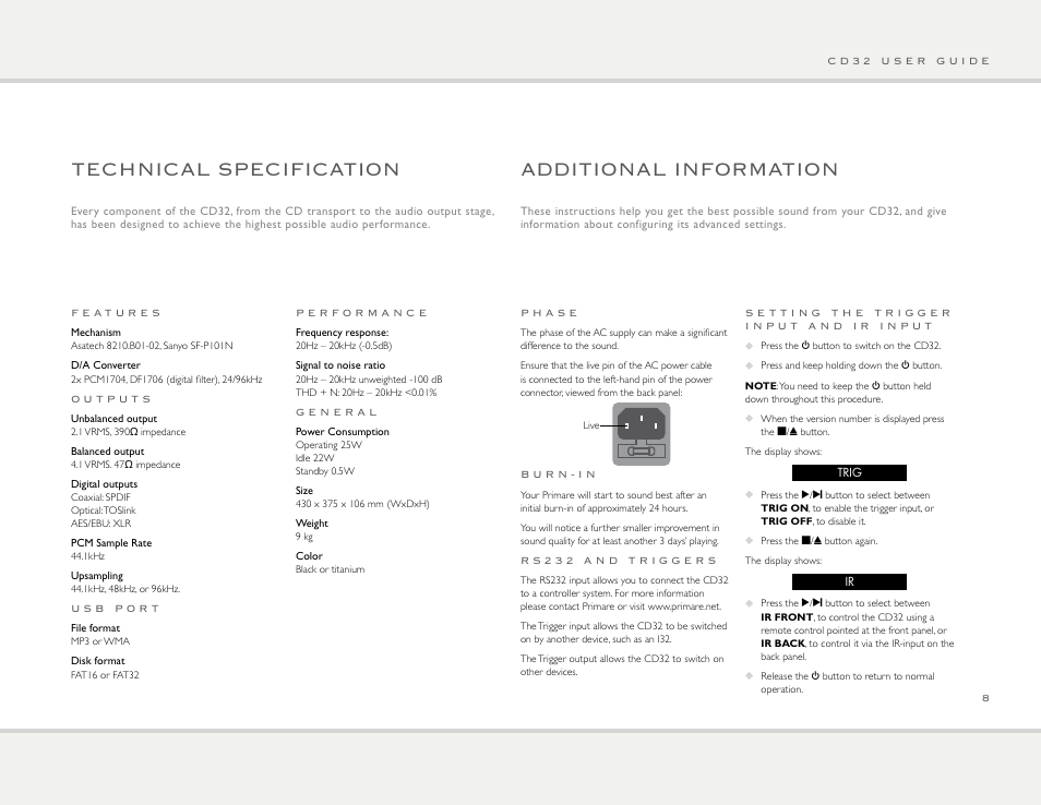 Technical specification, Additional information | Primare CD32 CD player User Manual | Page 8 / 10