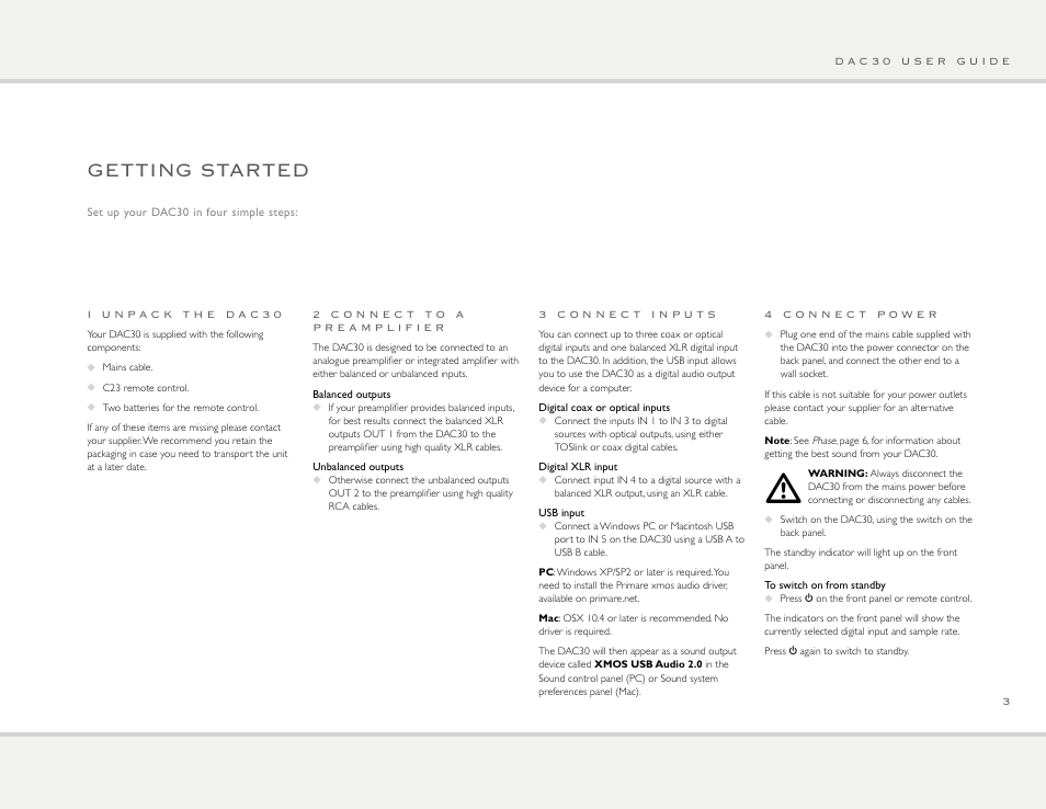 Getting started | Primare DAC30 high resolution DAC User Manual | Page 3 / 8