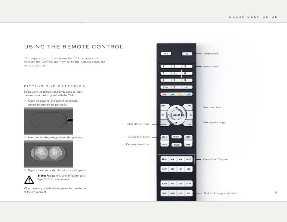 Using the remote control | Primare DAC30 high resolution DAC User Manual | Page 5 / 8