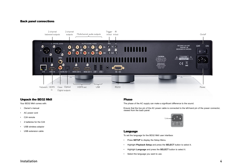 Installation, Back panel connections, Unpack the bd32 mkii | Phase, Language | Primare BD32 MKII universal player User Manual | Page 4 / 8