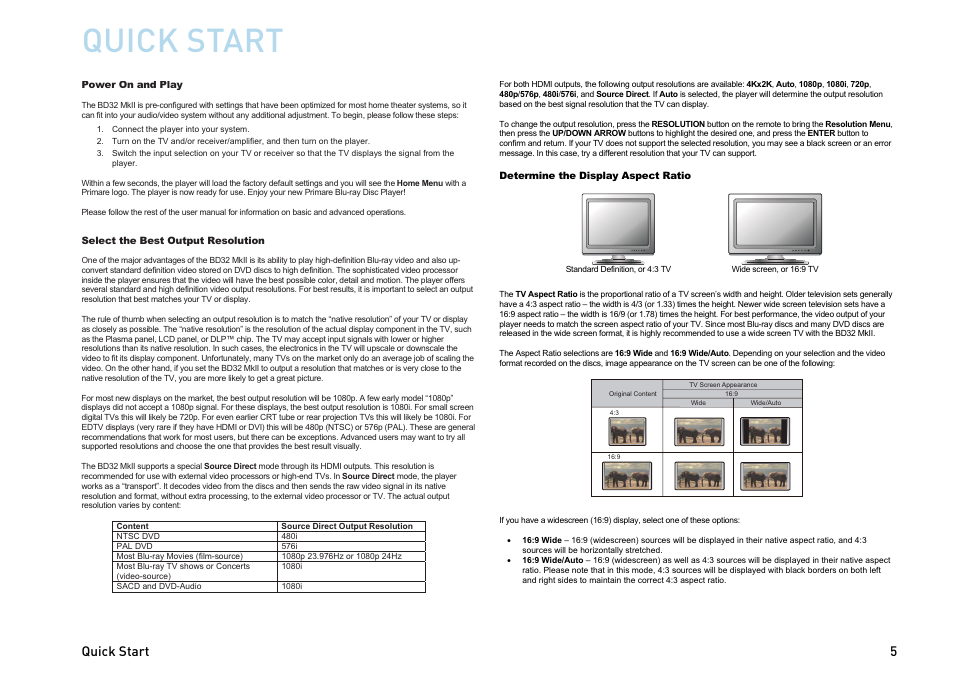 Quick start, Quick start guide | Primare BD32 MKII universal player User Manual | Page 5 / 8