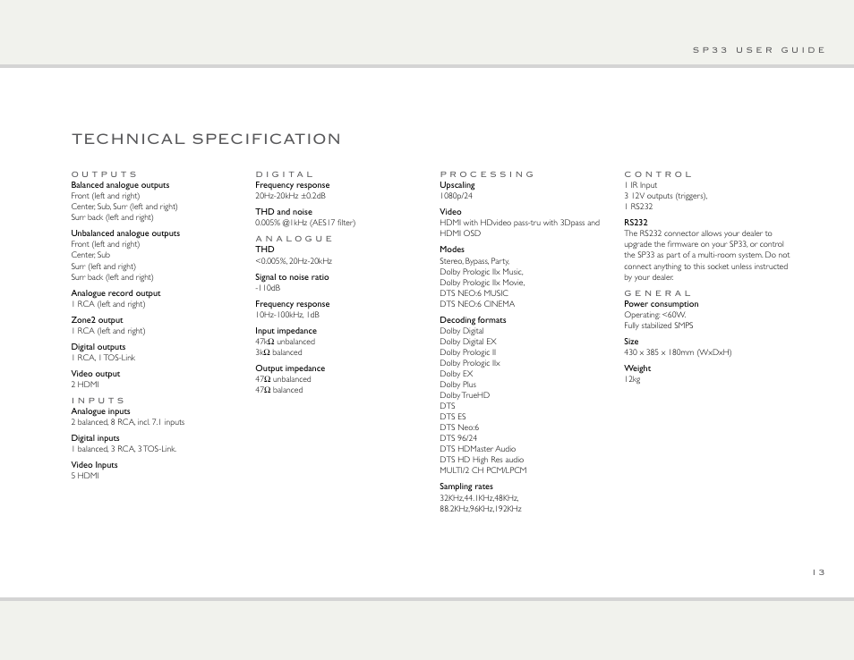 Technical specification | Primare SP33 av preamp User Manual | Page 13 / 15
