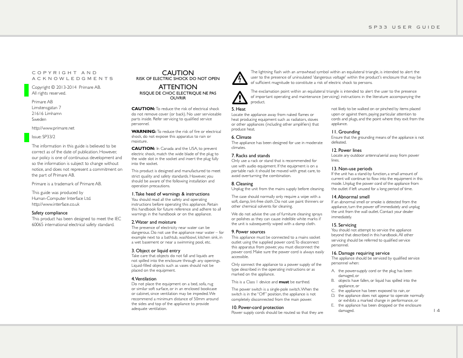 Caution, Attention | Primare SP33 av preamp User Manual | Page 14 / 15