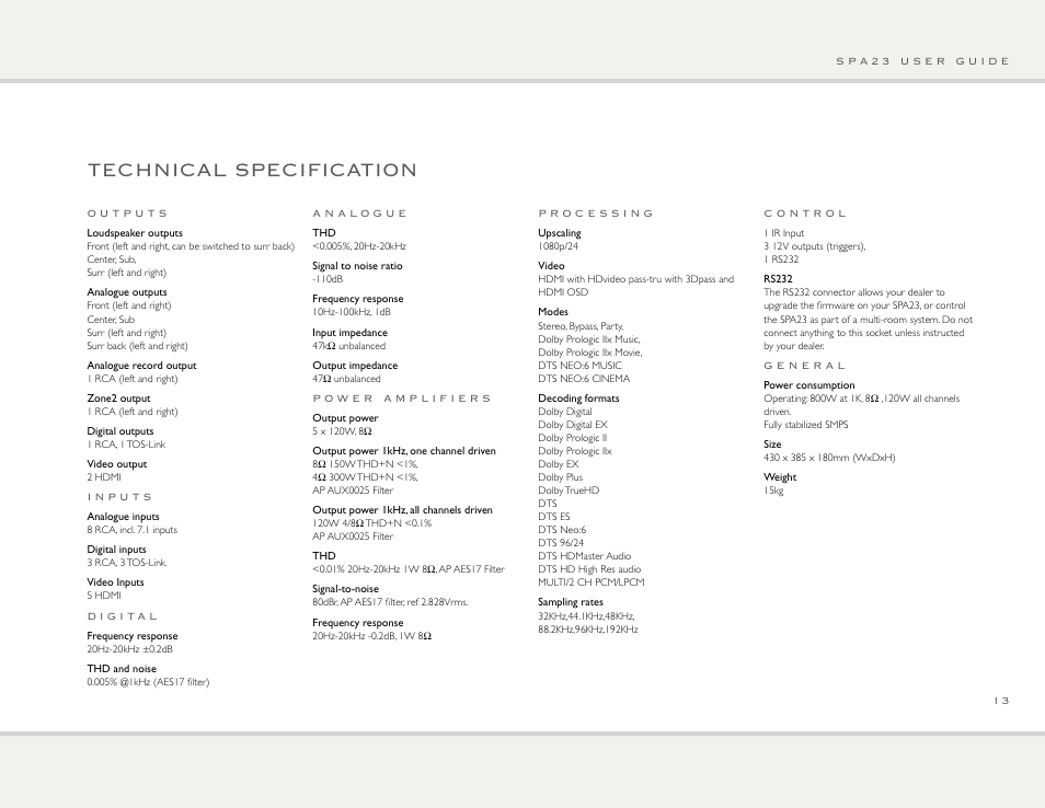 Technical specification | Primare SPA23 av integrated amp User Manual | Page 13 / 15