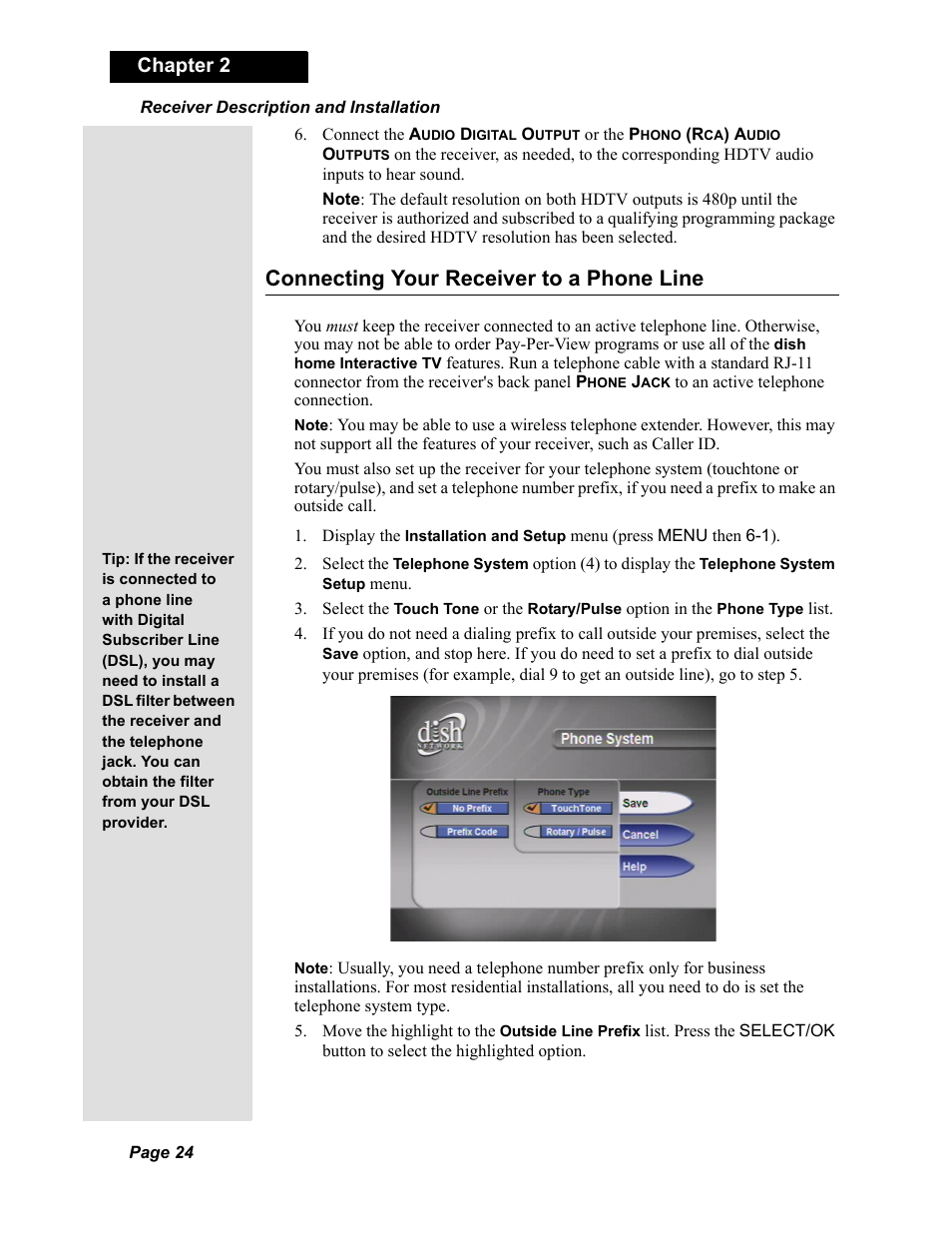 Connecting your receiver to a phone line, Chapter 2 | Dish Network Solo 811 User Manual | Page 29 / 110