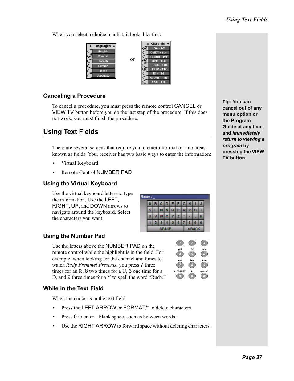 Using text fields | Dish Network Solo 811 User Manual | Page 42 / 110