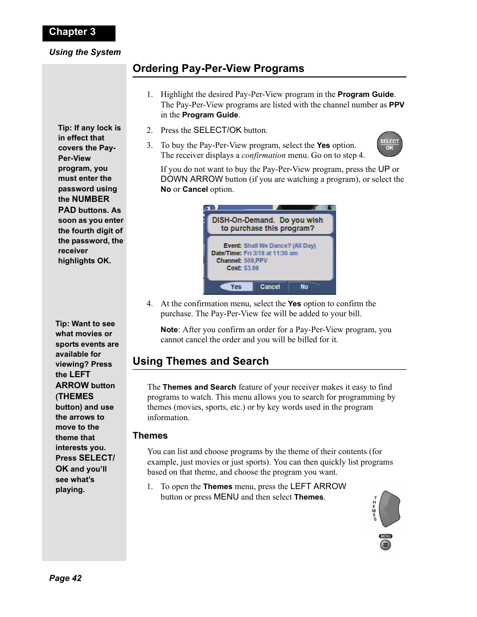 Ordering pay-per-view programs, Using themes and search, Chapter 3 | Dish Network Solo 811 User Manual | Page 47 / 110