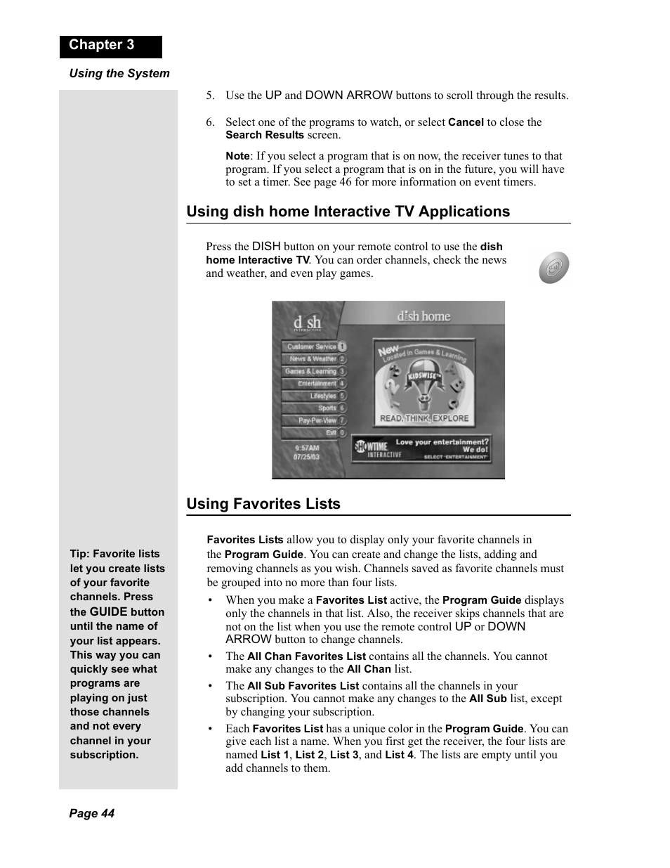 Using dish home interactive tv applications, Using favorites lists, Chapter 3 | Dish Network Solo 811 User Manual | Page 49 / 110