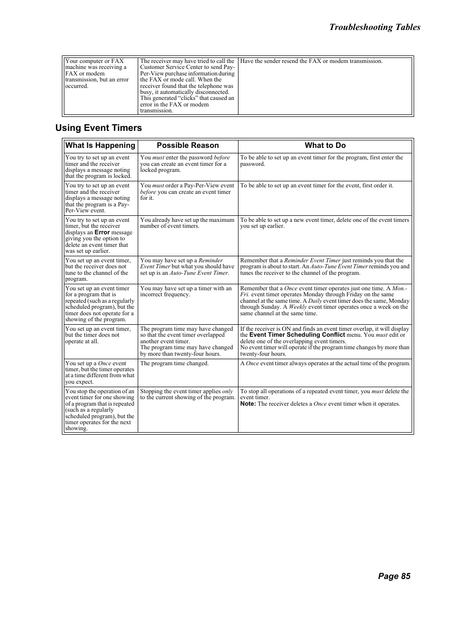 Troubleshooting tables, Using event timers, Page 85 | Dish Network Solo 811 User Manual | Page 90 / 110