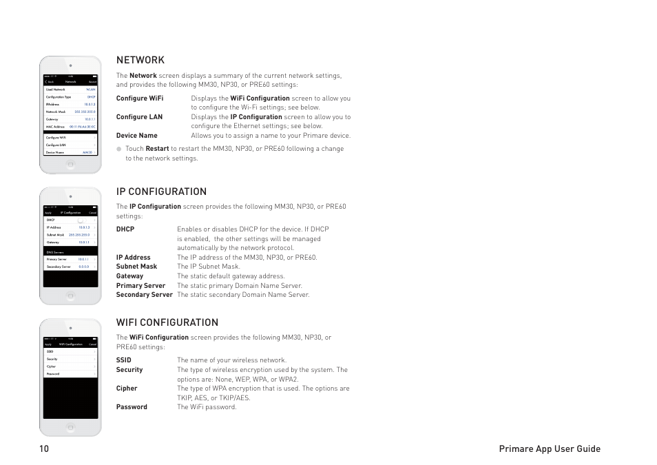 Network, Ip configuration, Wifi configuration | Primare MM30 media board User Manual | Page 10 / 12