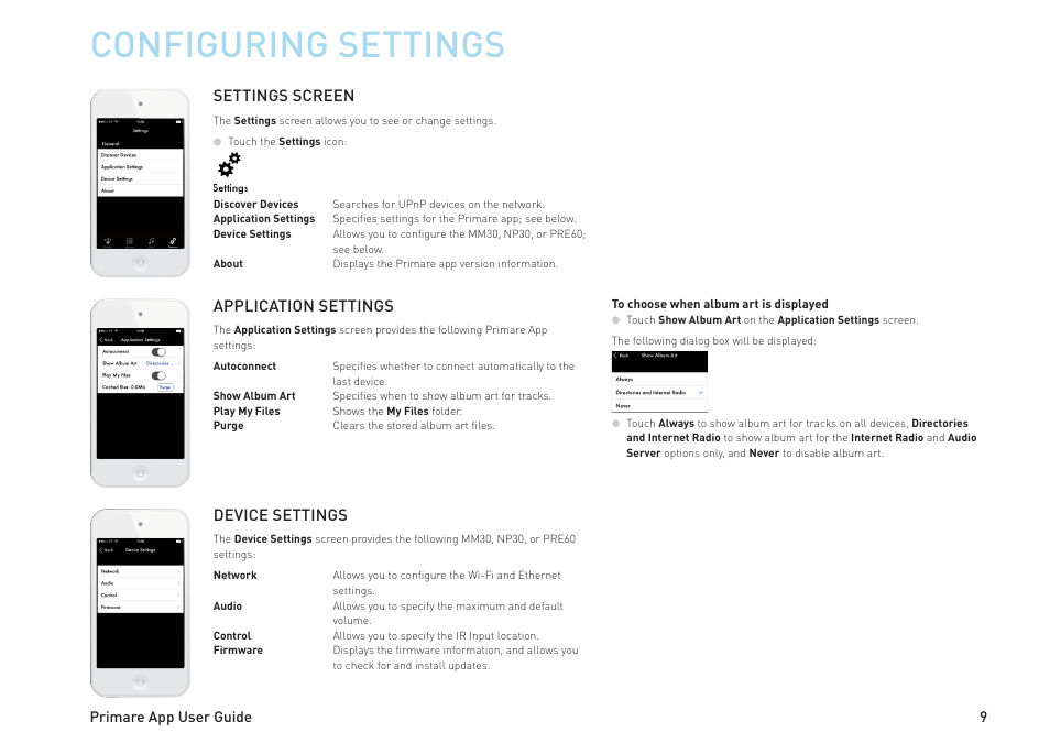 Configuring settings, Settings screen, Application settings | Device settings | Primare MM30 media board User Manual | Page 9 / 12