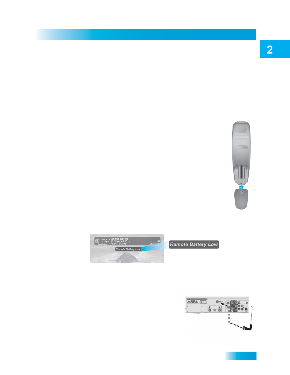 Emote, Ontrol, Satellite receiver | Batteries, Low battery warning, Attach the remote control antenna | Dish Network SoloDVR ViP 612 User Manual | Page 18 / 135