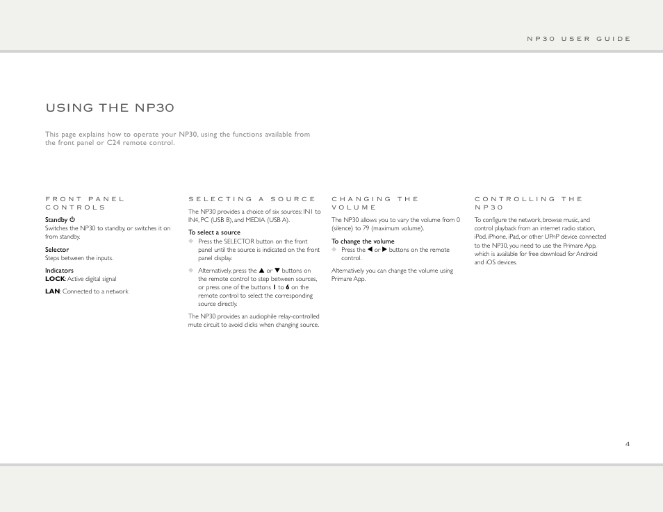 Using the np30 | Primare NP30 network player User Manual | Page 4 / 10