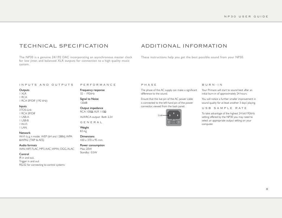 Technical specification, Additional information | Primare NP30 network player User Manual | Page 8 / 10