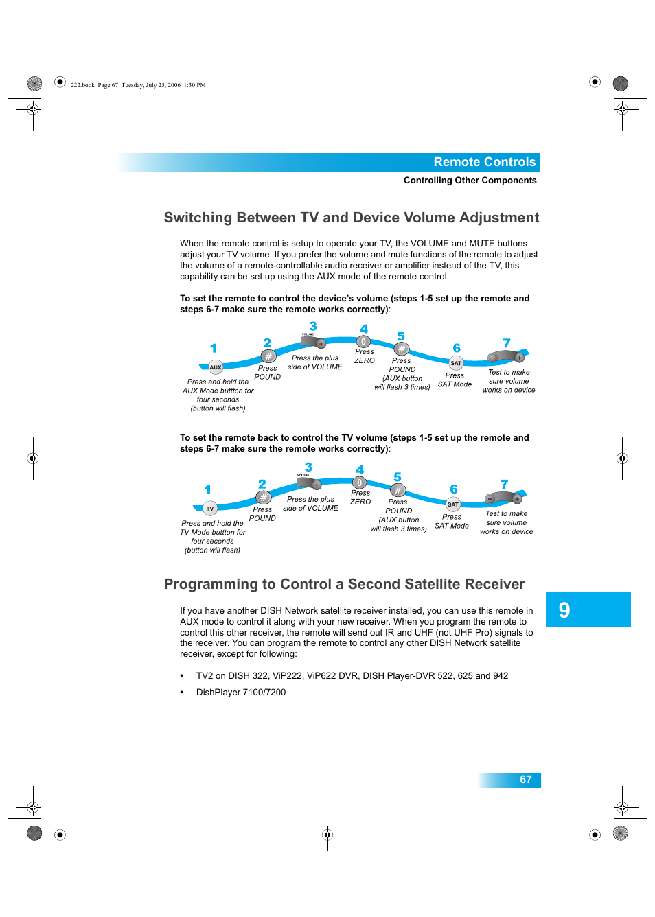 Switching between tv and device volume adjustment, Programming to control a second satellite receiver, Remote controls | Dish Network DISH Player-DVR 522 User Manual | Page 11 / 16