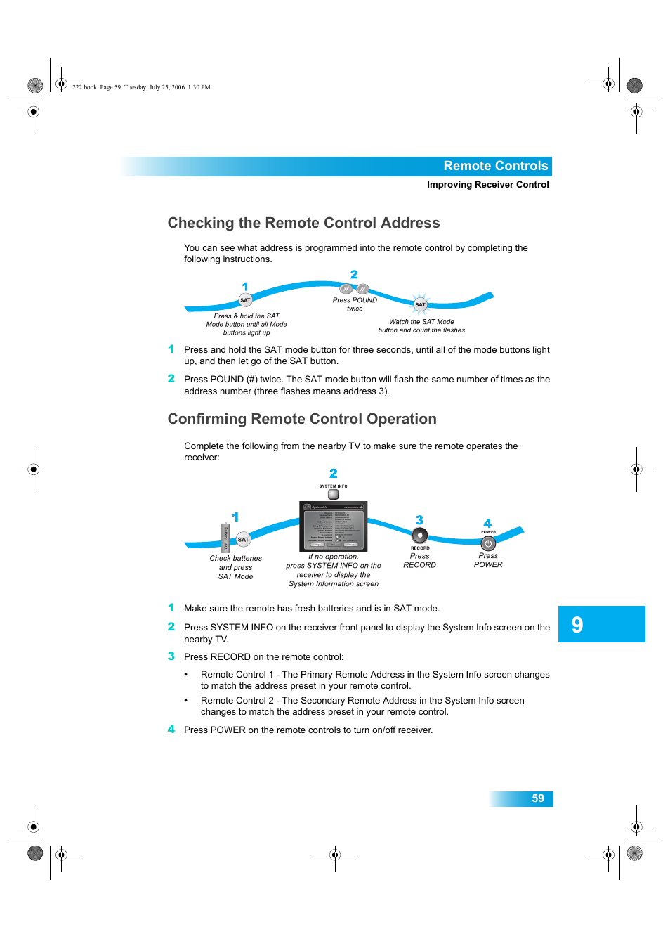 Checking the remote control address, Confirming remote control operation, Remote controls | Dish Network DISH Player-DVR 522 User Manual | Page 3 / 16