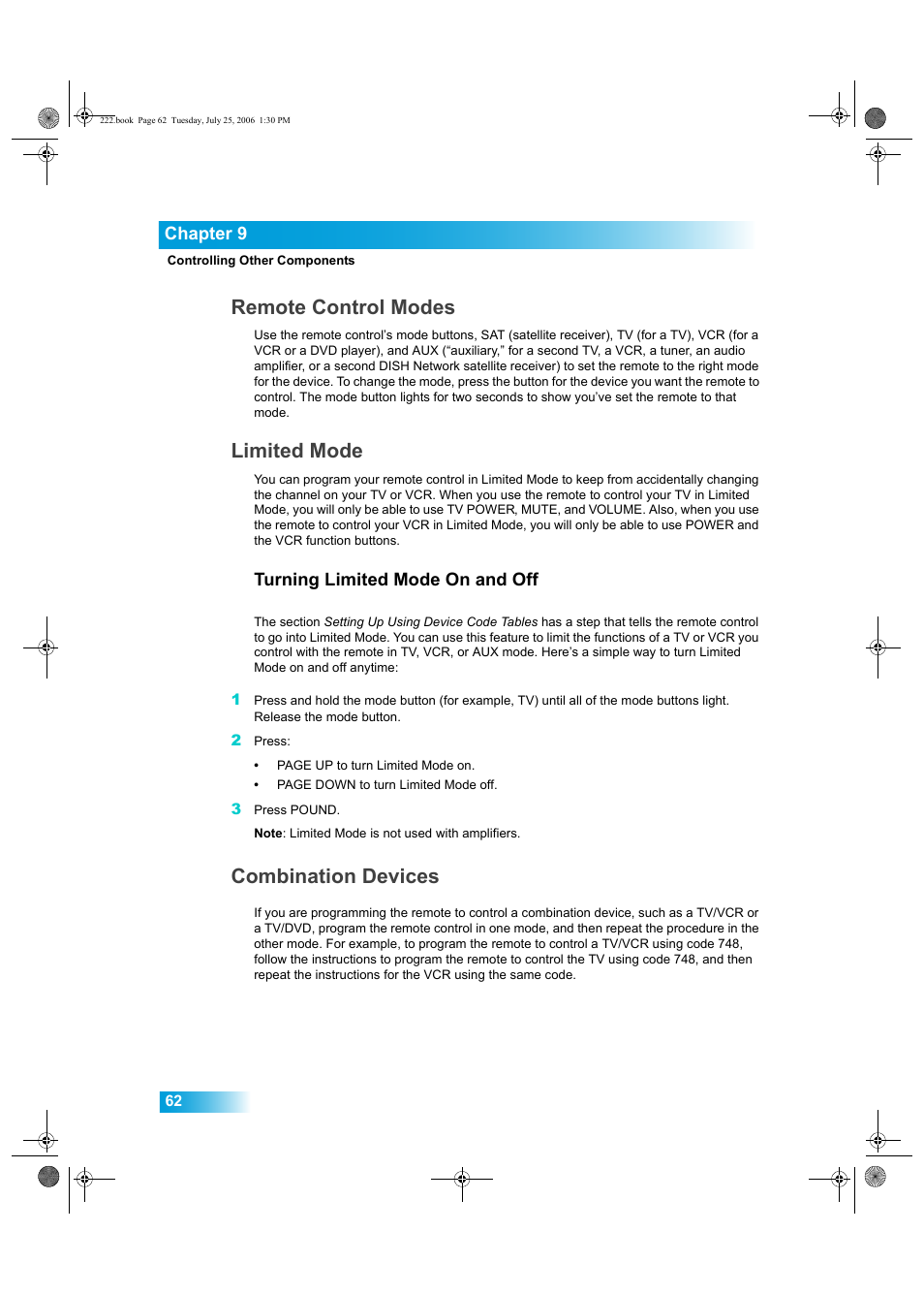 Remote control modes, Limited mode, Combination devices | Dish Network DISH Player-DVR 522 User Manual | Page 6 / 16