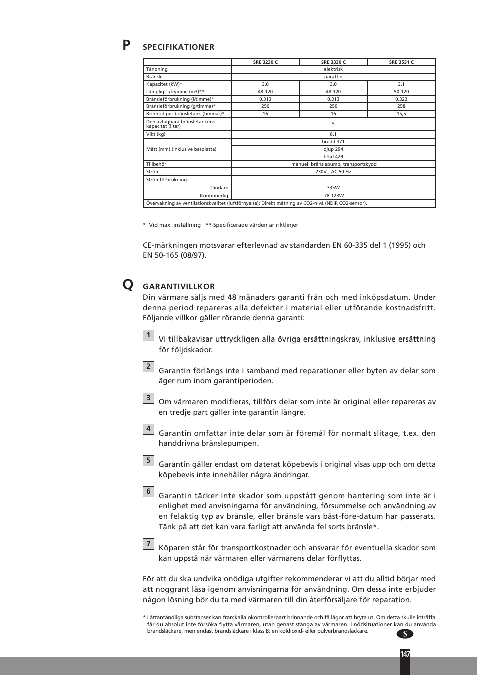 Specifikationer, Garantivillkor | Qlima SRE3230C User Manual | Page 169 / 184
