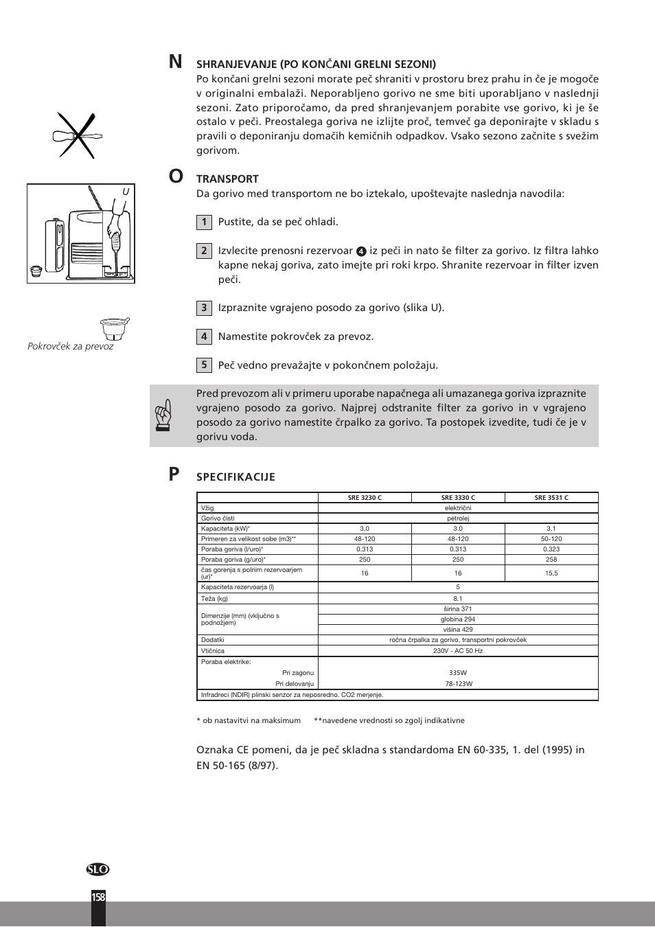 Shranjevanje (po kon č ani grelni sezoni), Transport, Specifikacije | Qlima SRE3230C User Manual | Page 180 / 184
