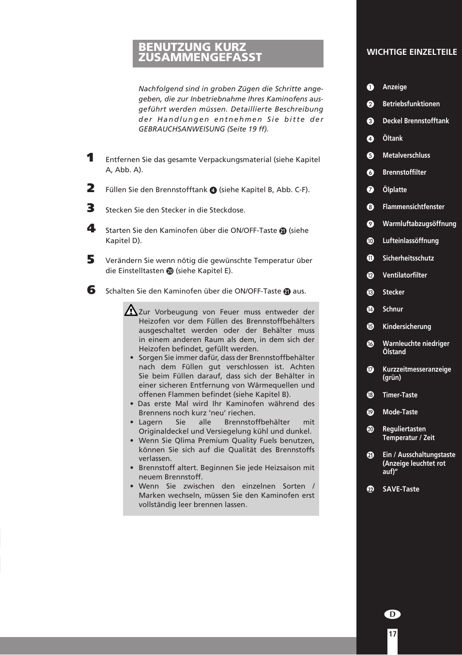 Benutzung kurz zusammengefasst | Qlima SRE3230C User Manual | Page 39 / 184