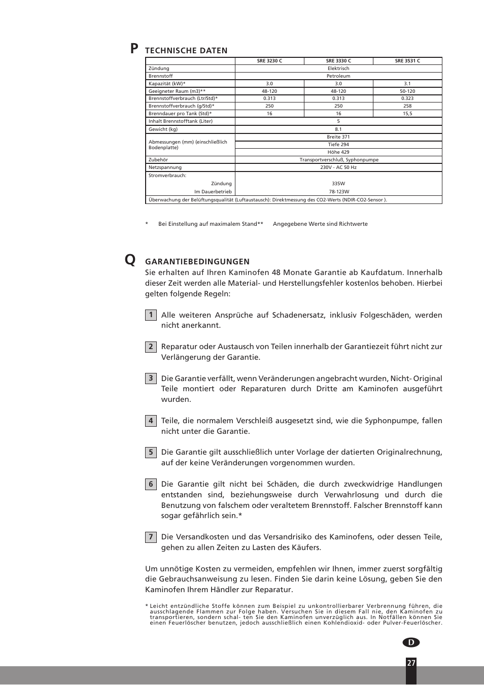 Technische daten, Garantiebedingungen | Qlima SRE3230C User Manual | Page 49 / 184