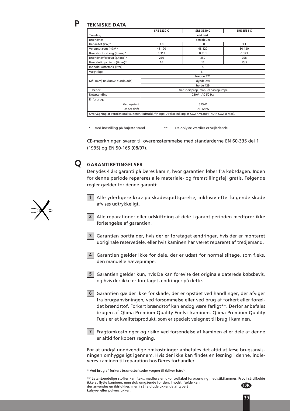 Tekniske data, Garantibetingelser | Qlima SRE3230C User Manual | Page 61 / 184
