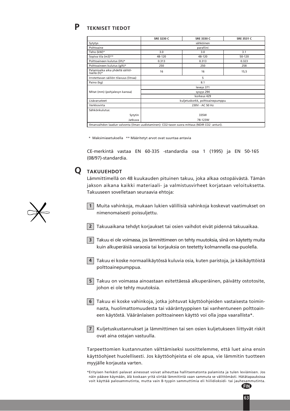 Tekniset tiedot, Takuuehdot | Qlima SRE3230C User Manual | Page 85 / 184