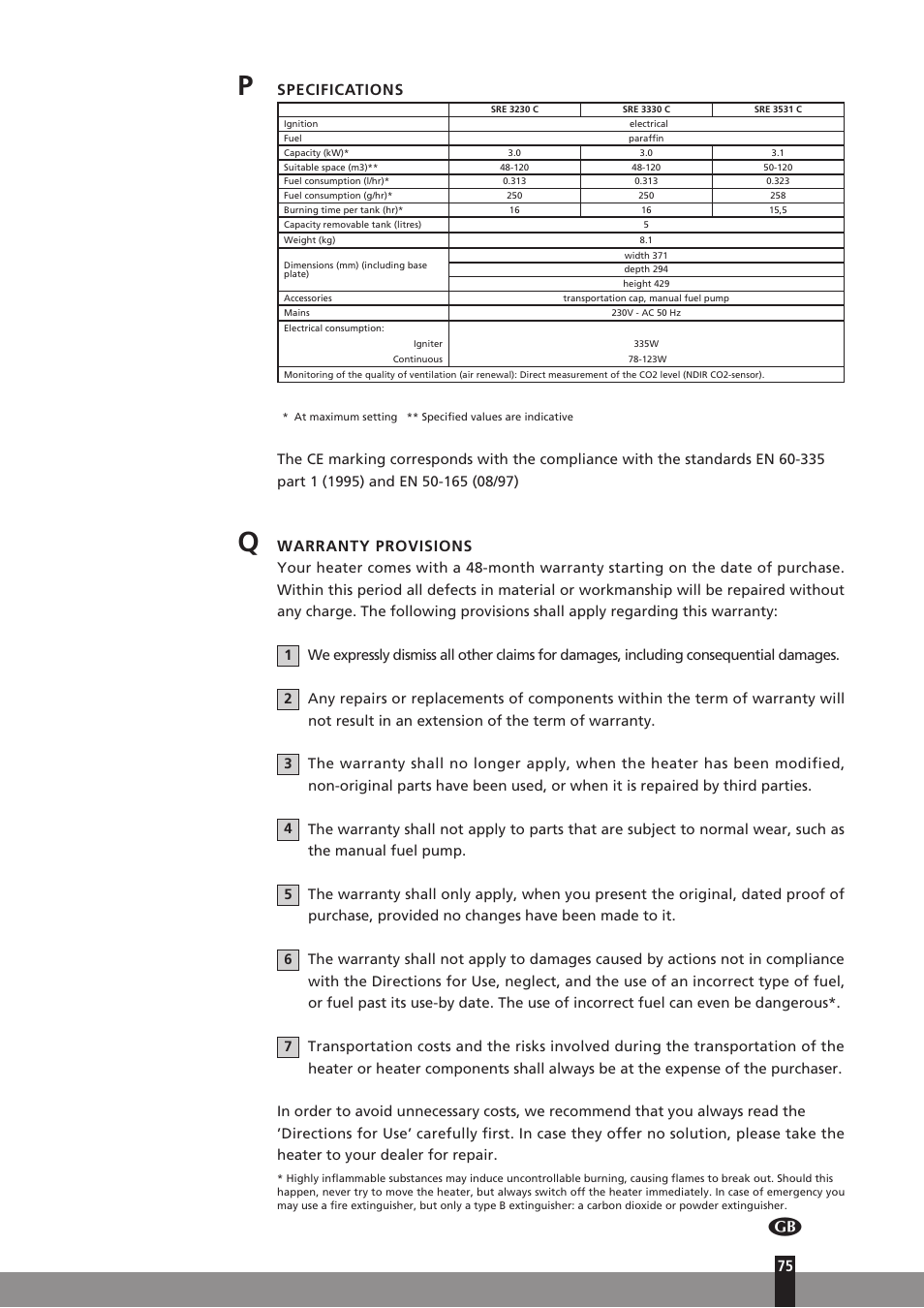 Specifications, Warranty provisions | Qlima SRE3230C User Manual | Page 97 / 184