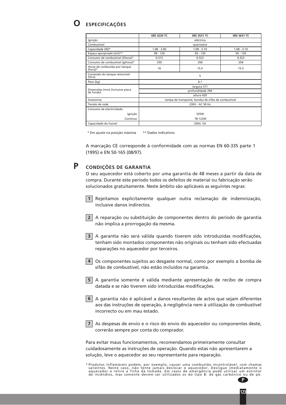 Especificações, Condições de garantia | Qlima SRE3531TC User Manual | Page 145 / 184