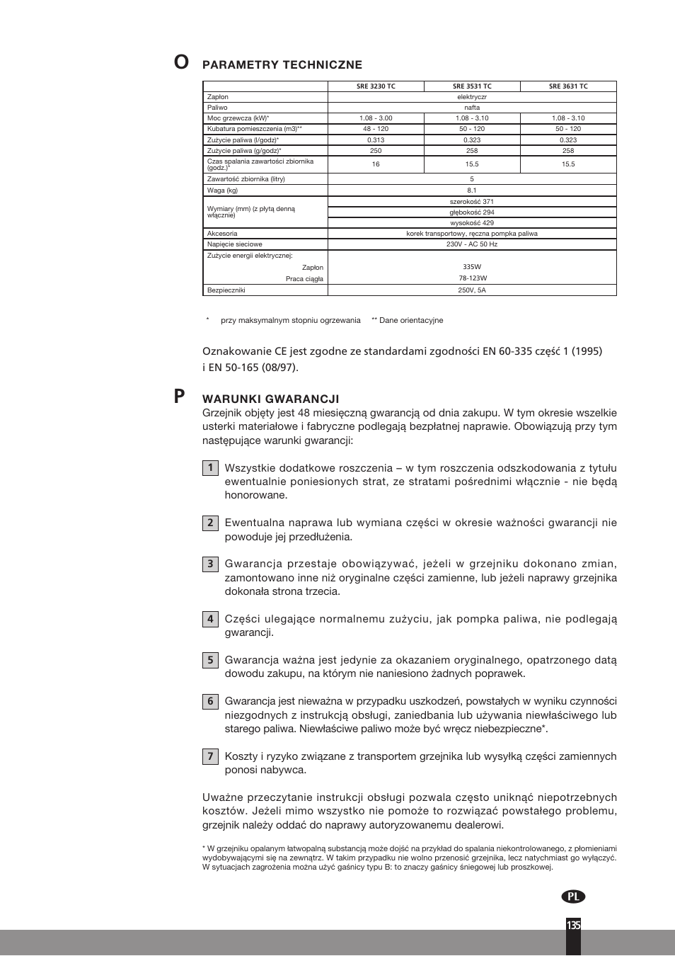 Parametry techniczne, Warunki gwarancji | Qlima SRE3531TC User Manual | Page 157 / 184