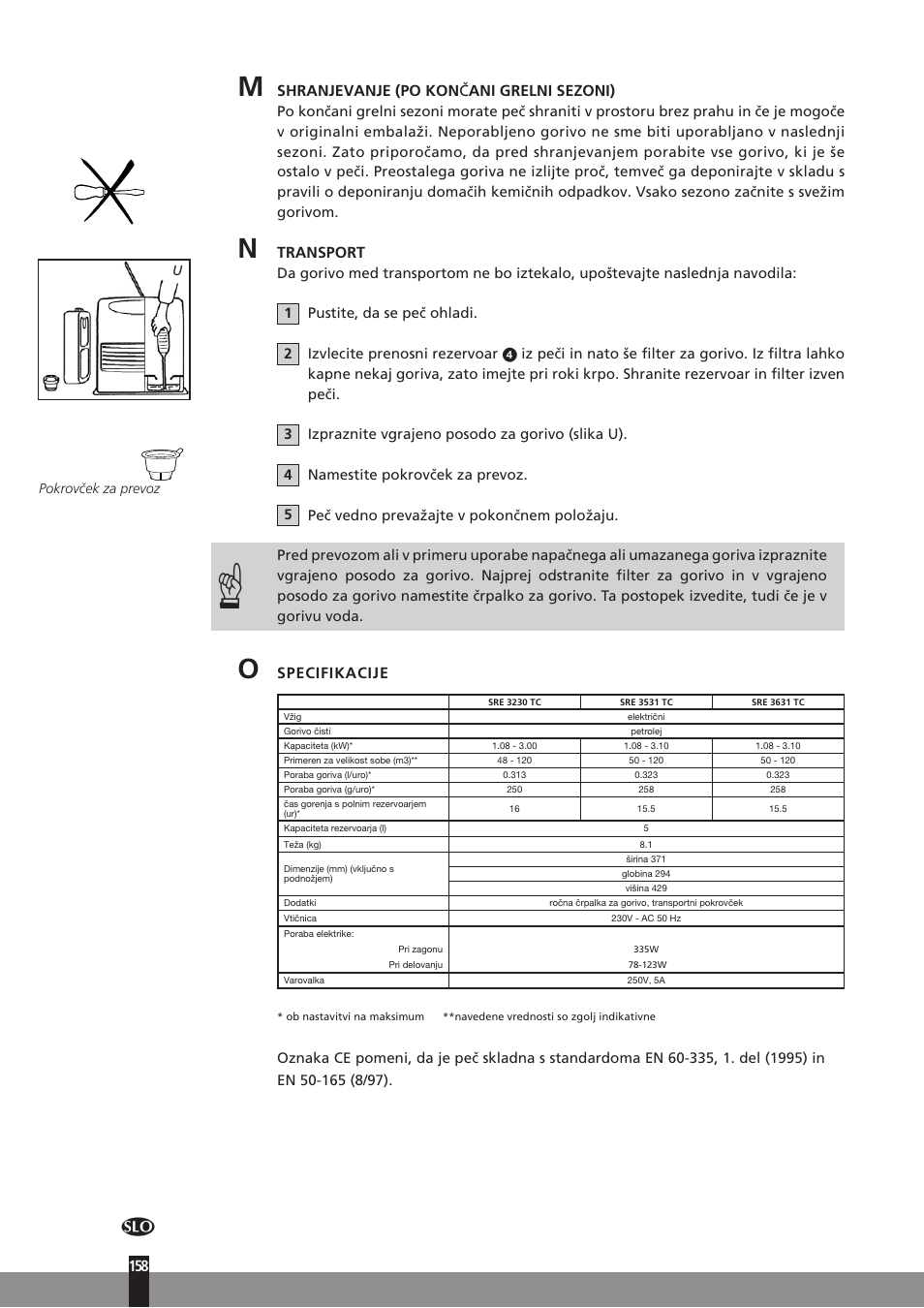 Shranjevanje (po kon č ani grelni sezoni), Transport, Specifikacije | Qlima SRE3531TC User Manual | Page 180 / 184