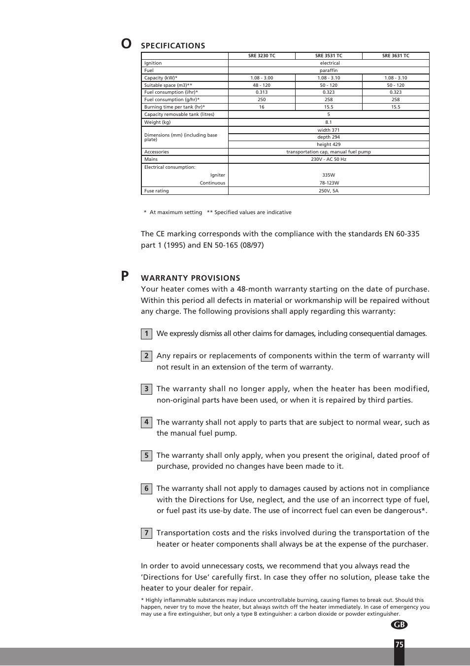 Specifications, Warranty provisions | Qlima SRE3531TC User Manual | Page 97 / 184