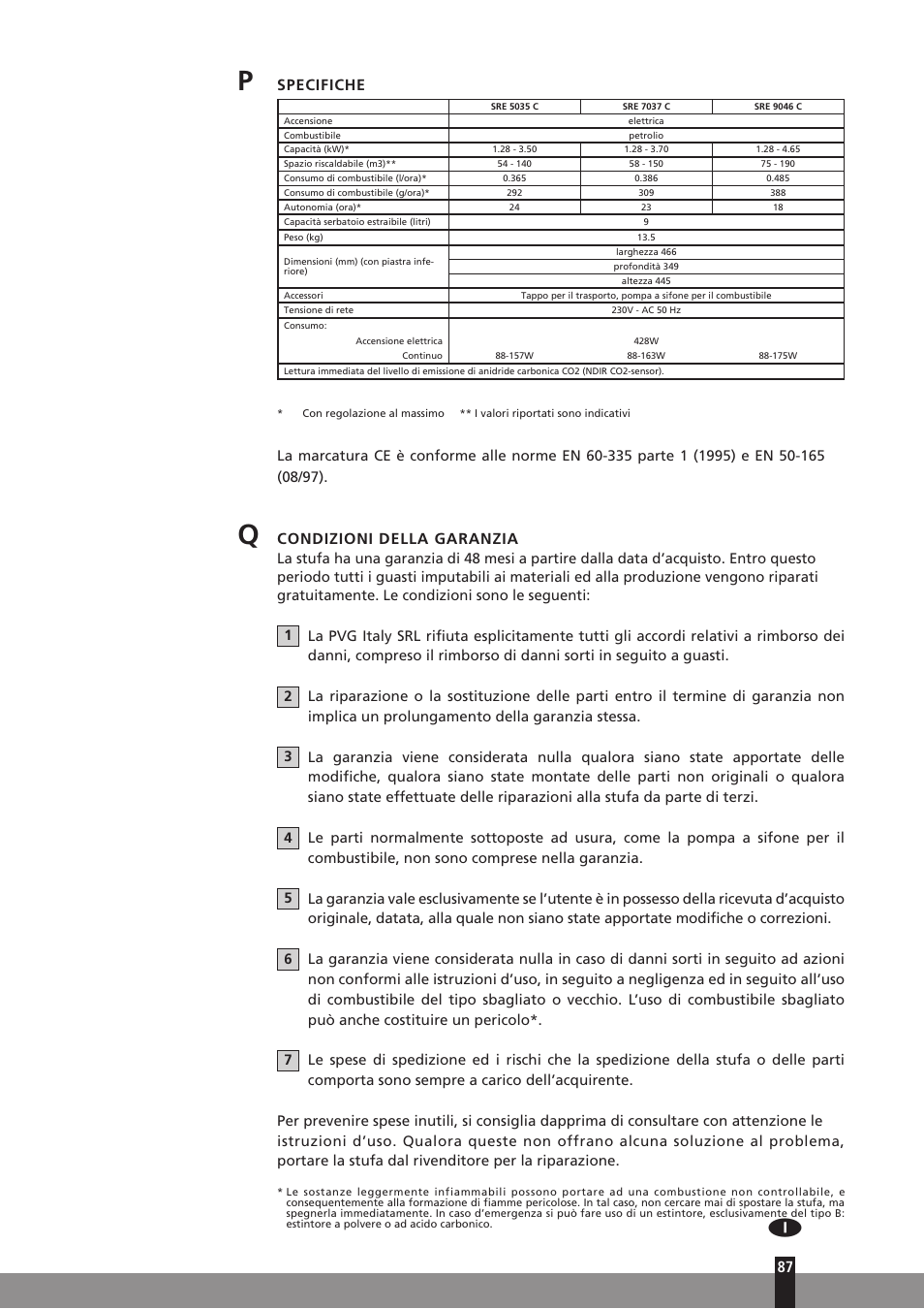 Specifiche, Condizioni della garanzia | Qlima SRE7037C User Manual | Page 109 / 184