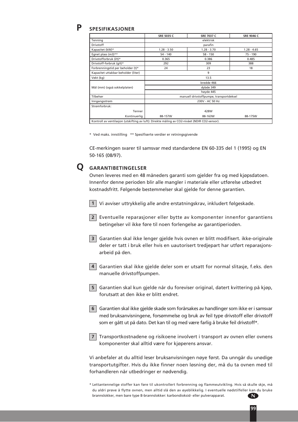 Spesifikasjoner, Garantibetingelser | Qlima SRE7037C User Manual | Page 121 / 184