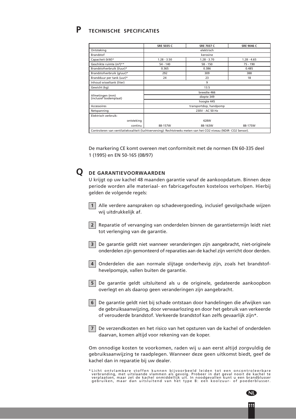 Technische specificaties, De garantievoorwaarden | Qlima SRE7037C User Manual | Page 133 / 184