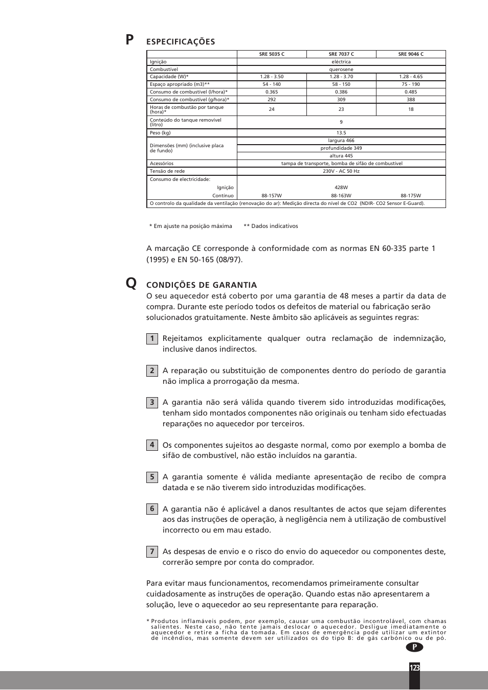 Especificações, Condições de garantia | Qlima SRE7037C User Manual | Page 145 / 184