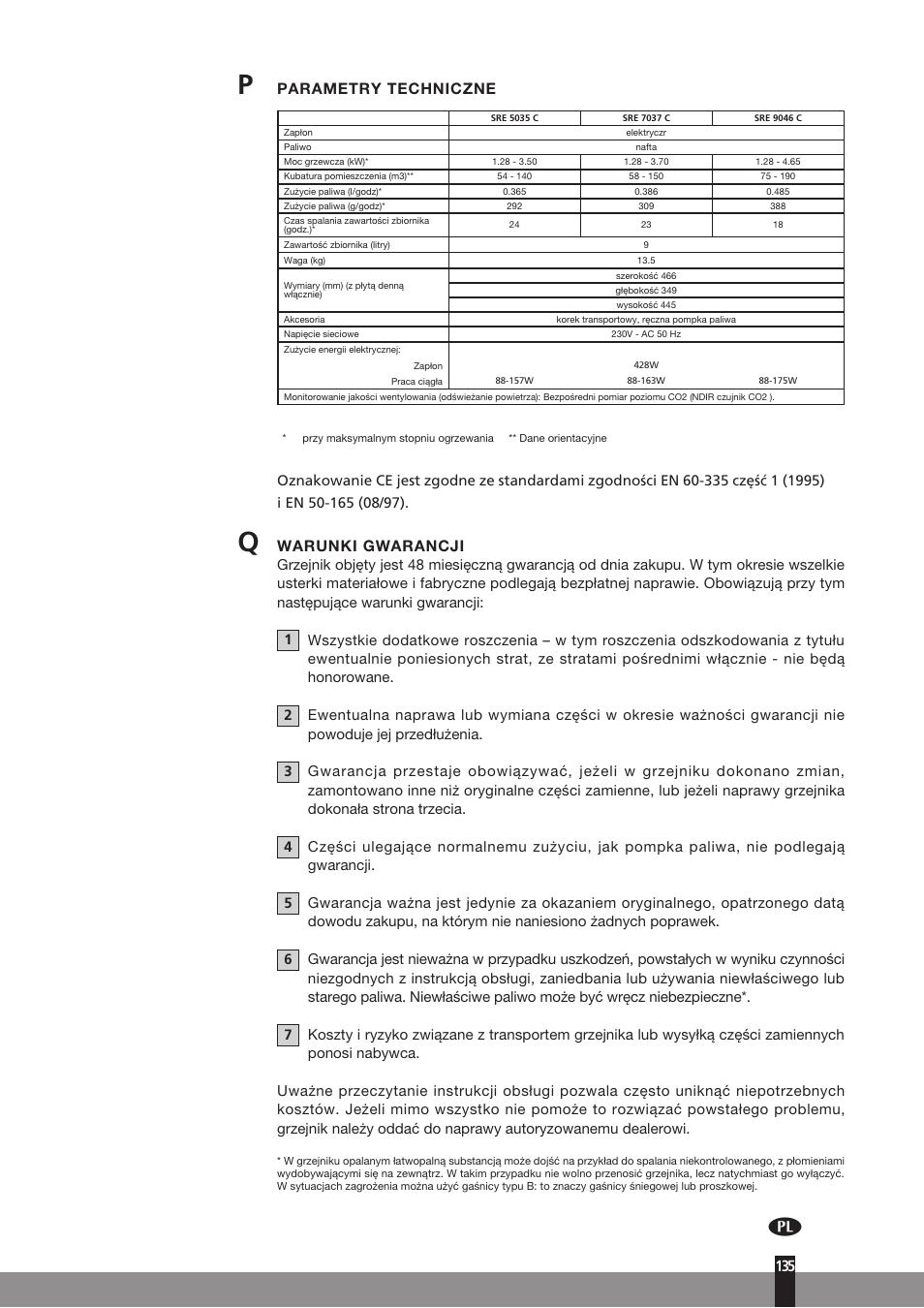 Parametry techniczne, Warunki gwarancji | Qlima SRE7037C User Manual | Page 157 / 184