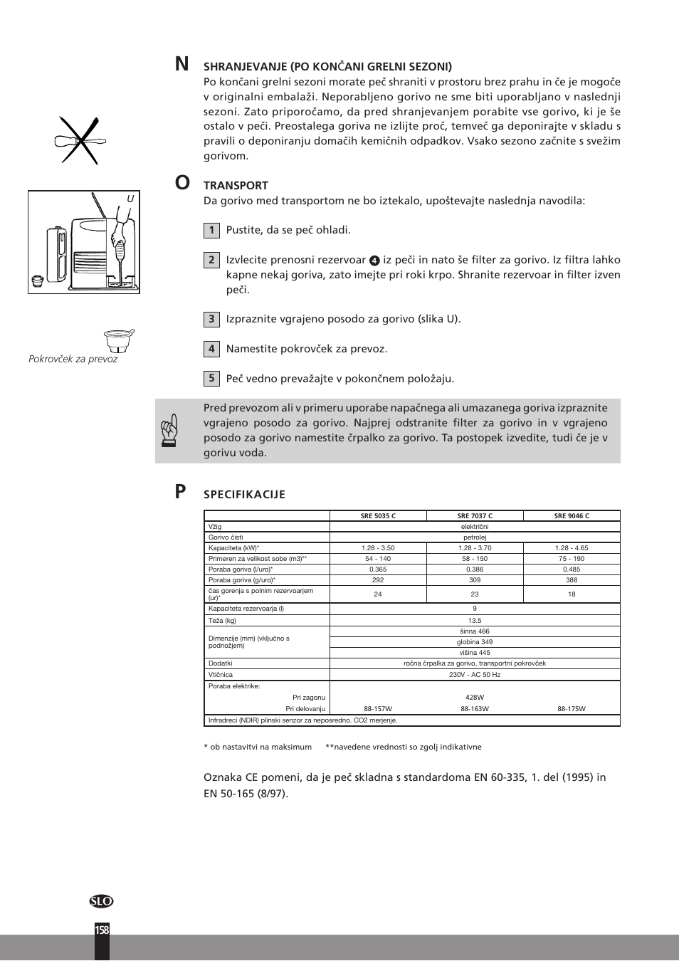 Shranjevanje (po kon č ani grelni sezoni), Transport, Specifikacije | Qlima SRE7037C User Manual | Page 180 / 184