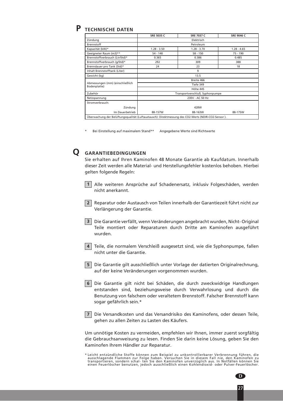 Technische daten, Garantiebedingungen | Qlima SRE7037C User Manual | Page 49 / 184