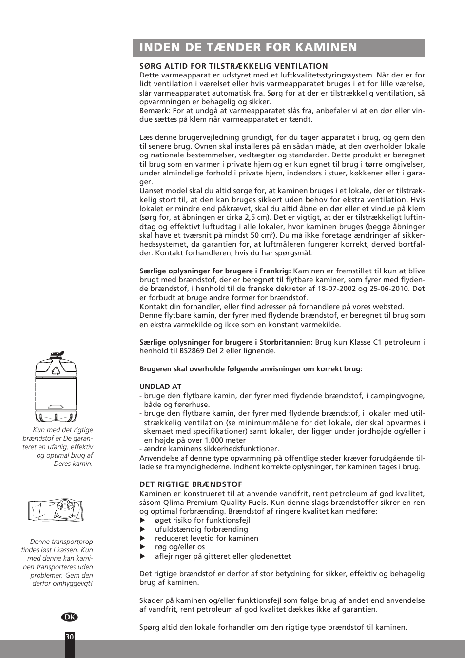 Inden de tænder for kaminen | Qlima SRE7037C User Manual | Page 52 / 184