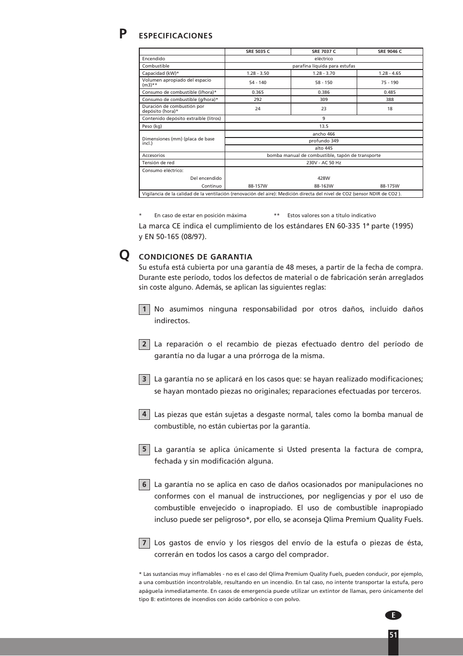 Especificaciones, Condiciones de garantia | Qlima SRE7037C User Manual | Page 73 / 184