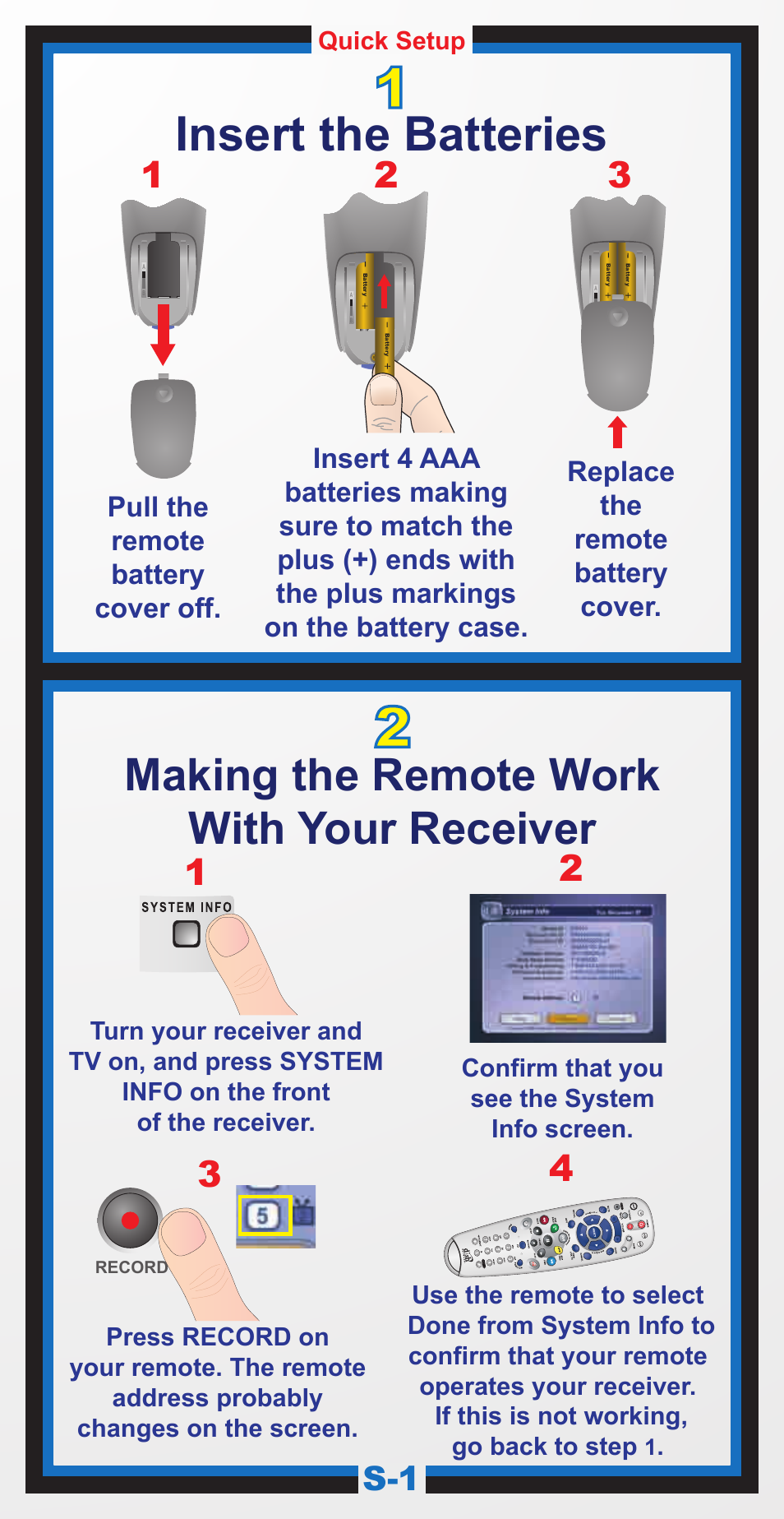 167821_aa_5.4 guide_s-1, Insert the batteries, Making the remote work with your receiver | Dish Network 5.4 User Manual | Page 4 / 40