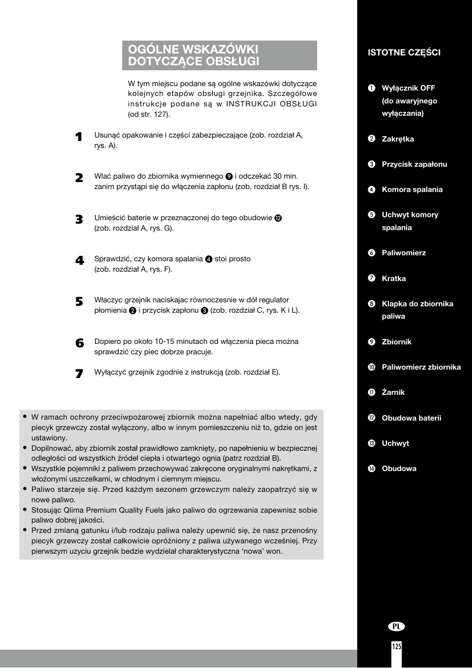 Ogólne wskazówki dotyczące obsługi | Qlima R7127TC User Manual | Page 125 / 162