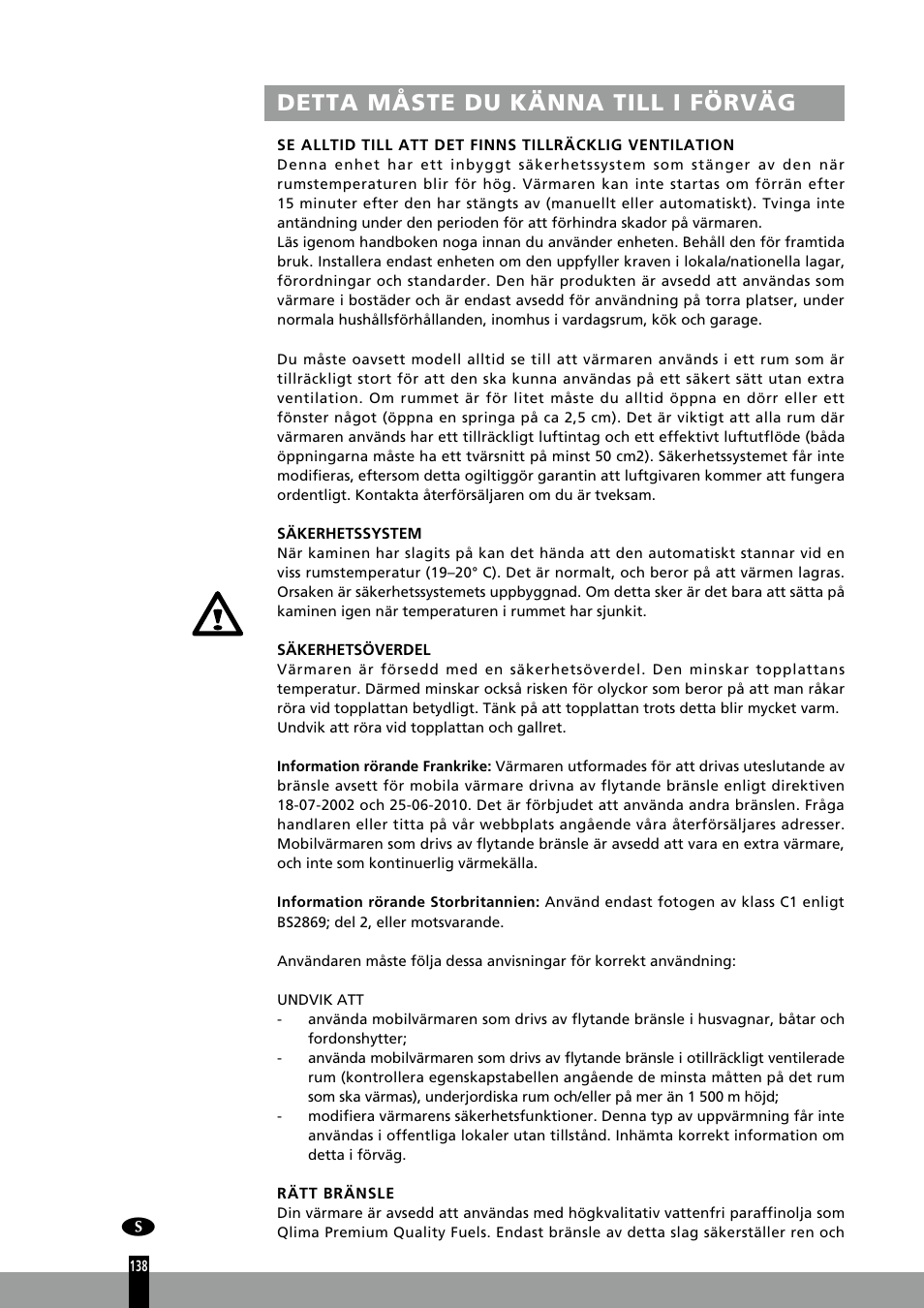 Detta måste du känna till i förväg | Qlima R7127TC User Manual | Page 138 / 162