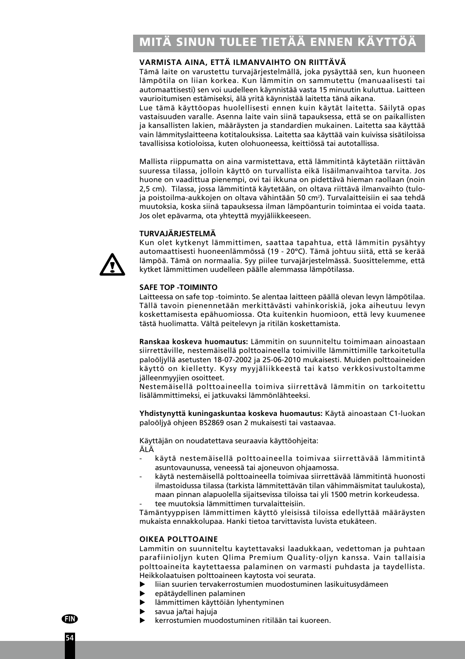 Mitä sinun tulee tietää ennen käyttöä | Qlima R7127TC User Manual | Page 54 / 162