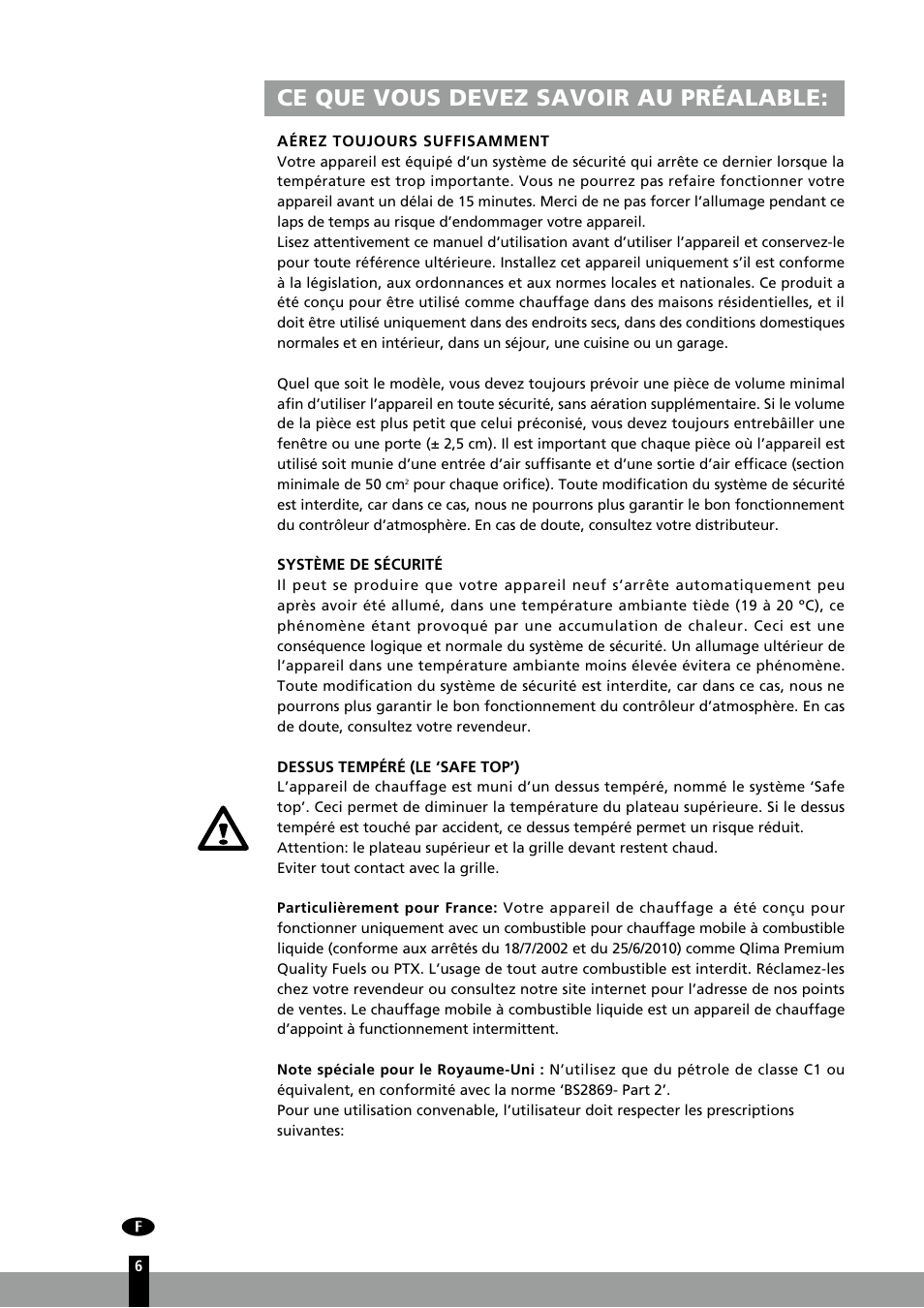 Ce que vous devez savoir au préalable | Qlima R7127TC User Manual | Page 6 / 162