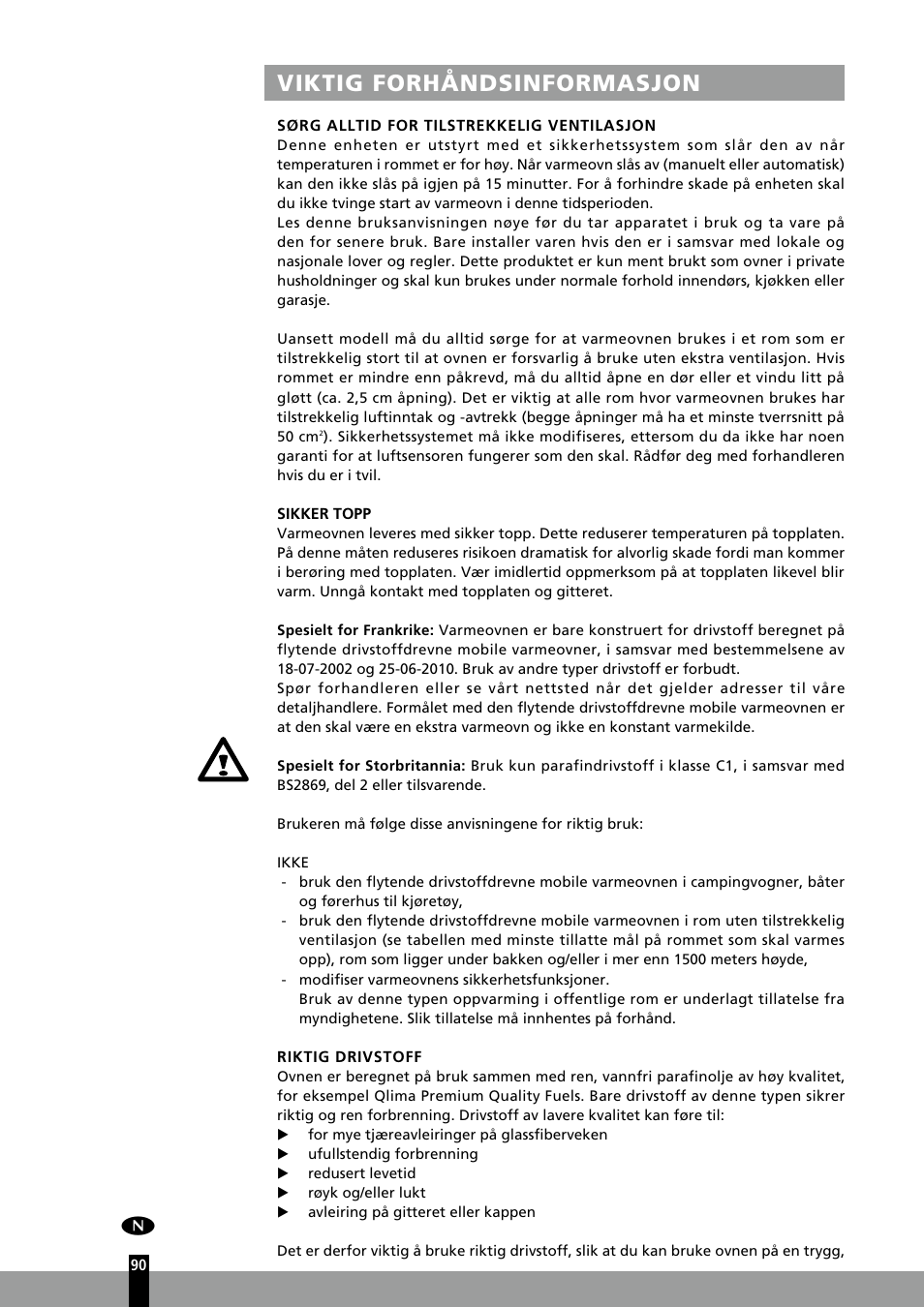 Viktig forhåndsinformasjon | Qlima R7127TC User Manual | Page 90 / 162