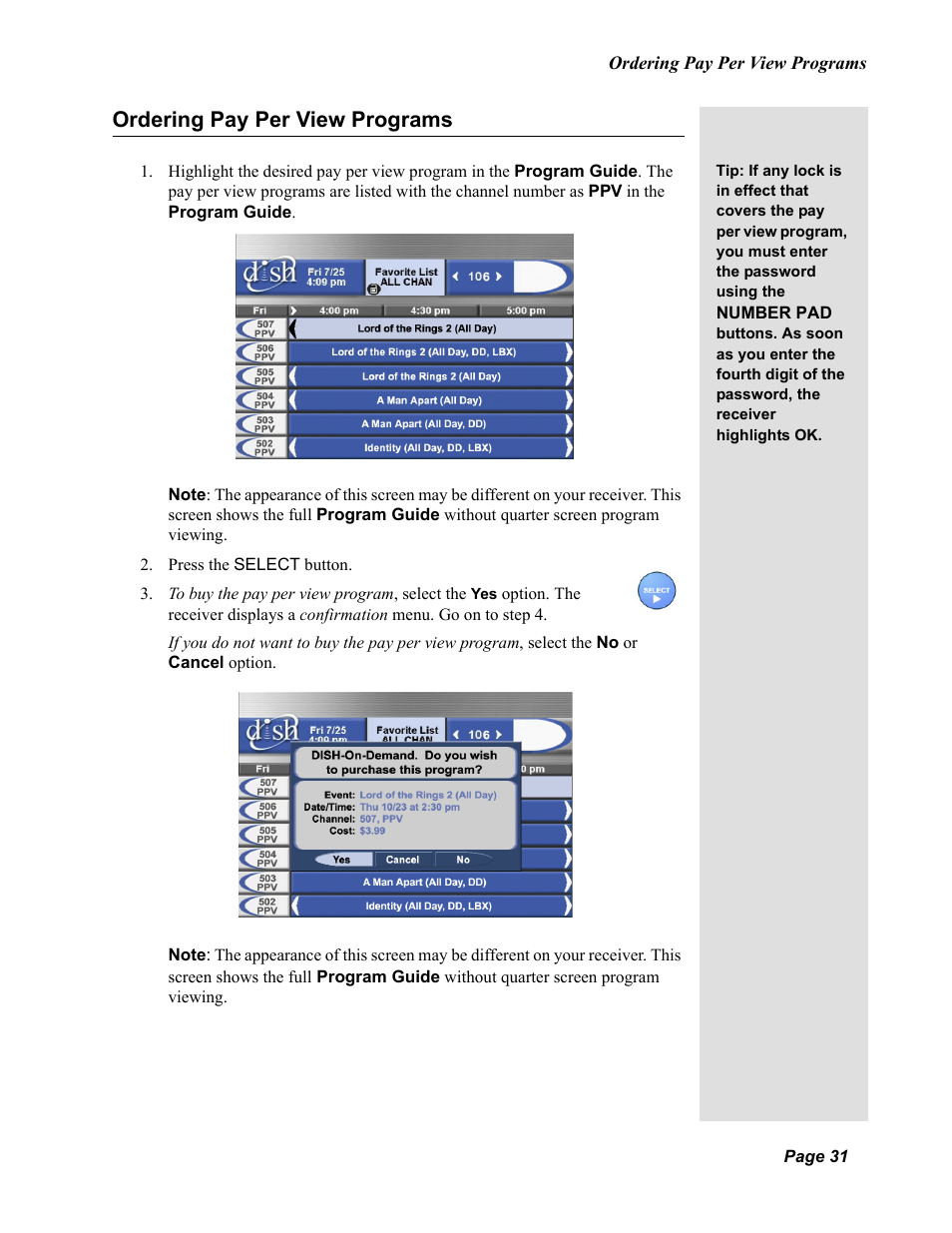 Ordering pay per view programs | Dish Network Duo 322 User Manual | Page 36 / 98
